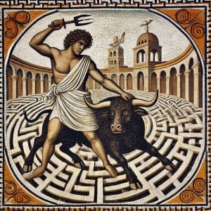 Thésée combat le Minotaure dans le labyrinthe